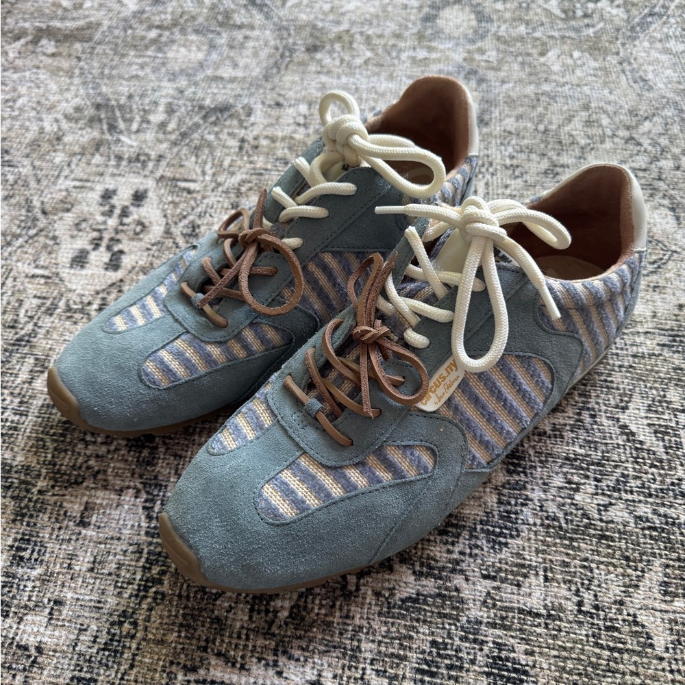 Circus by Sam Edelman Suede Sneakers with Striped Fabric Panels - Blue & Tan